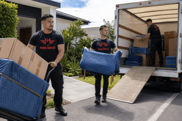 Moving Masters team loading wrapped furniture and boxes from an Auckland house into a truck