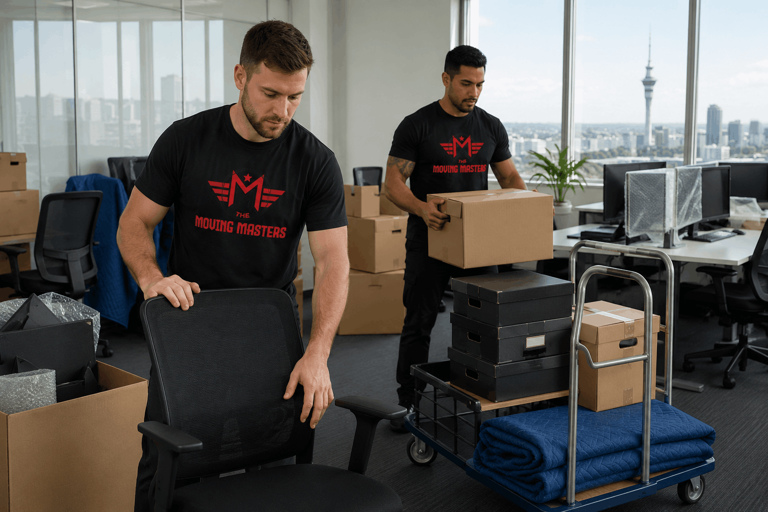 Moving Masters team packing office furniture, boxes and computer equipment in an Auckland office