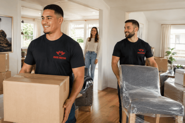 Moving Masters residential team packing furniture and household boxes inside an Auckland home