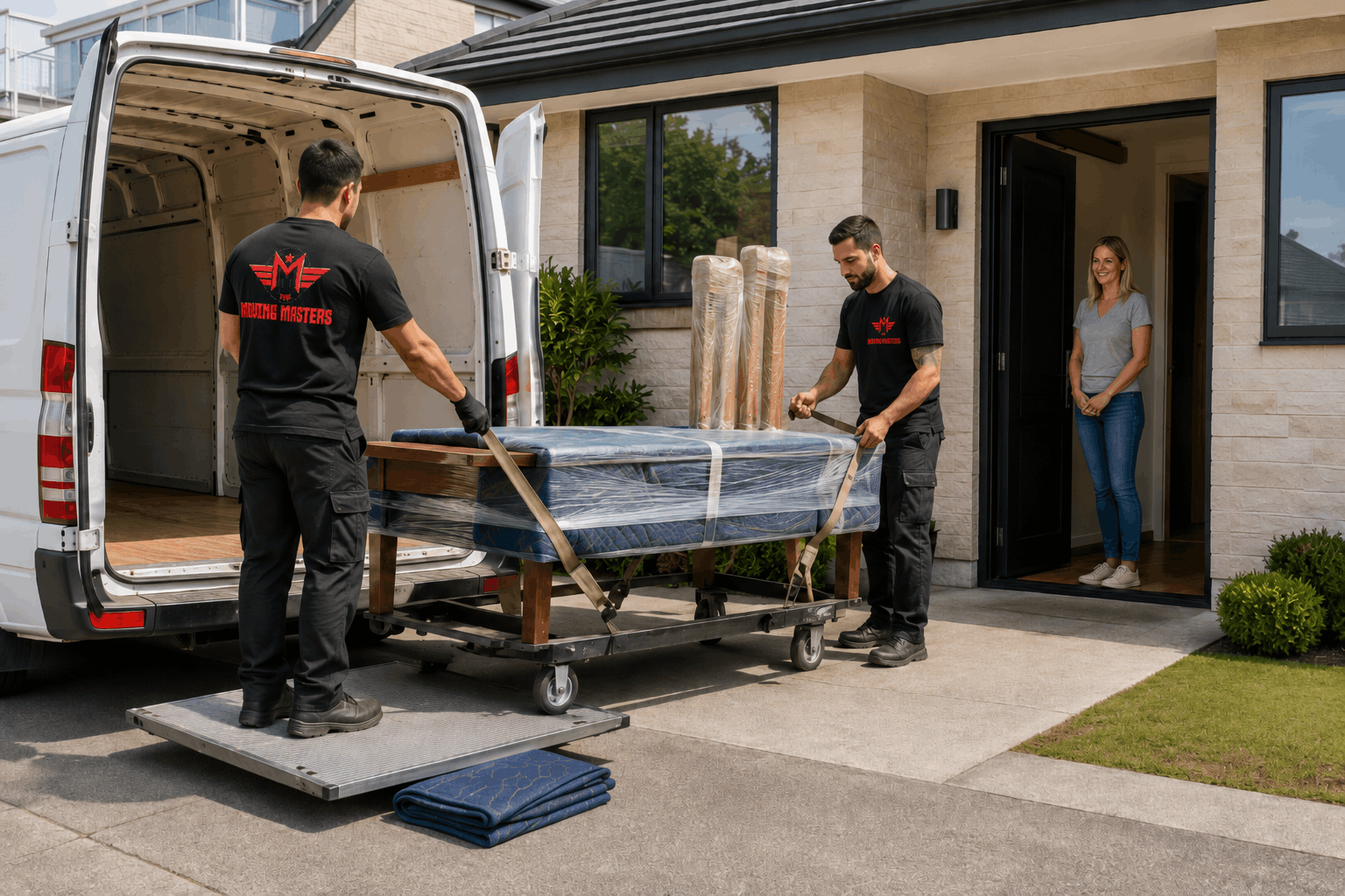 Moving Masters team unloading one protected dining table for a single-item Auckland delivery