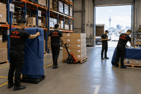 Moving Masters team relocating commercial stock and equipment inside an Auckland warehouse