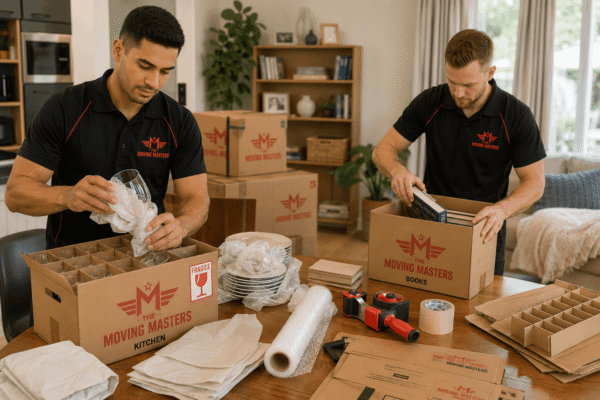 Moving Masters professionals packing glassware, books and household belongings for relocation