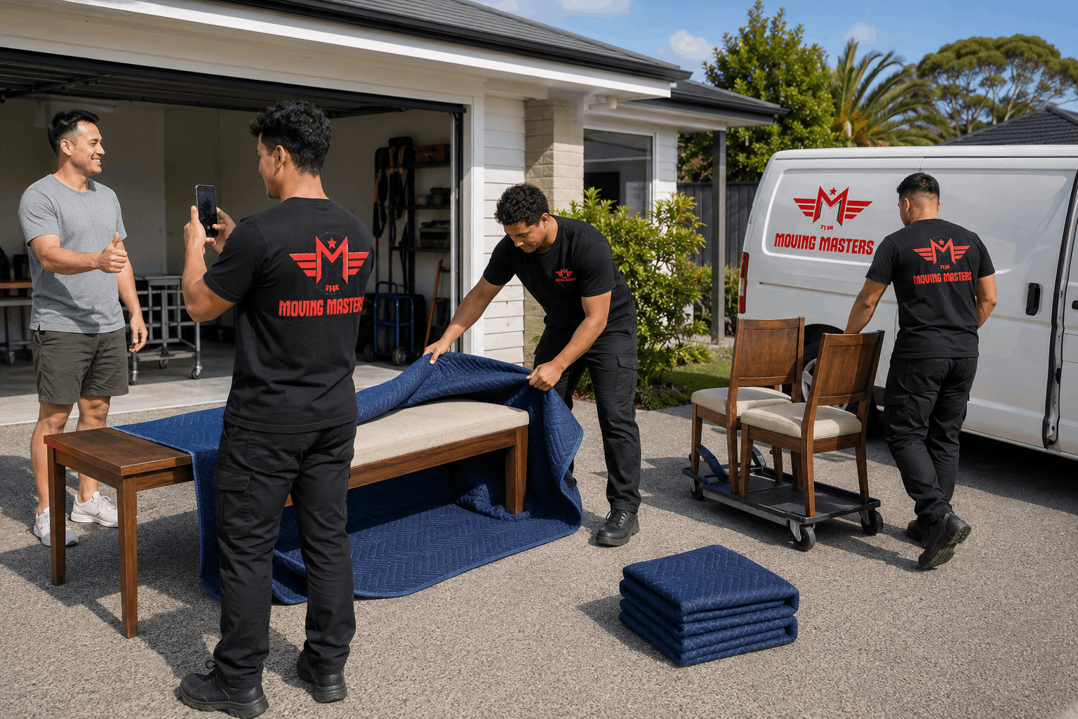 Moving Masters team wrapping and loading marketplace furniture from an Auckland seller