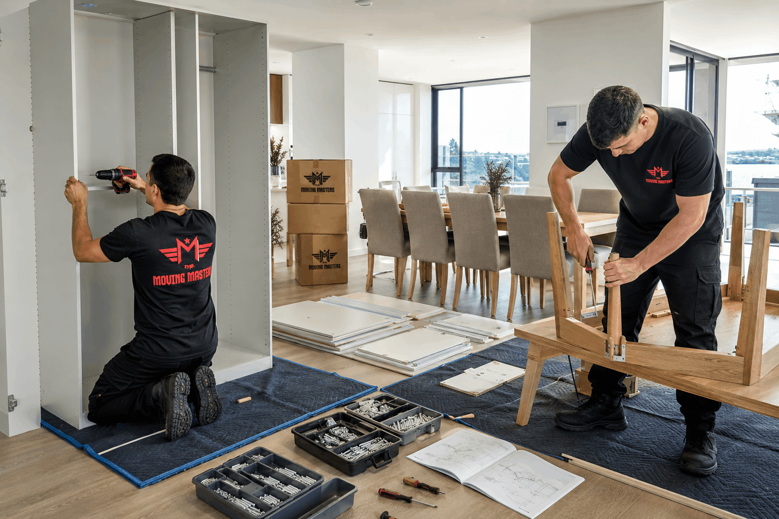 Moving Masters team assembling a wardrobe and dining table after delivery in Auckland