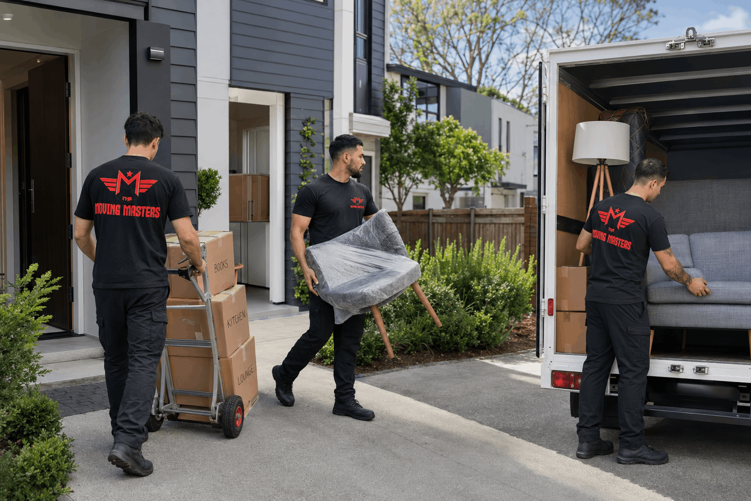 Moving Masters crew loading household items for a local move between Auckland townhouses