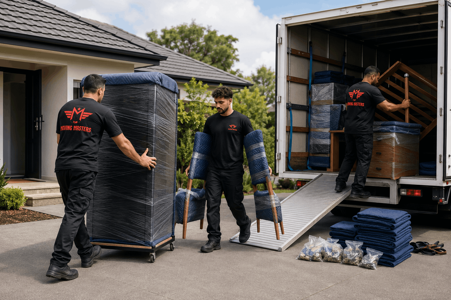 Moving Masters team loading removed wardrobes, chairs and bed parts into a truck