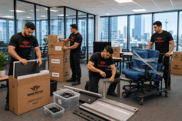 Moving Masters office relocation team packing computers, desks, chairs and department boxes