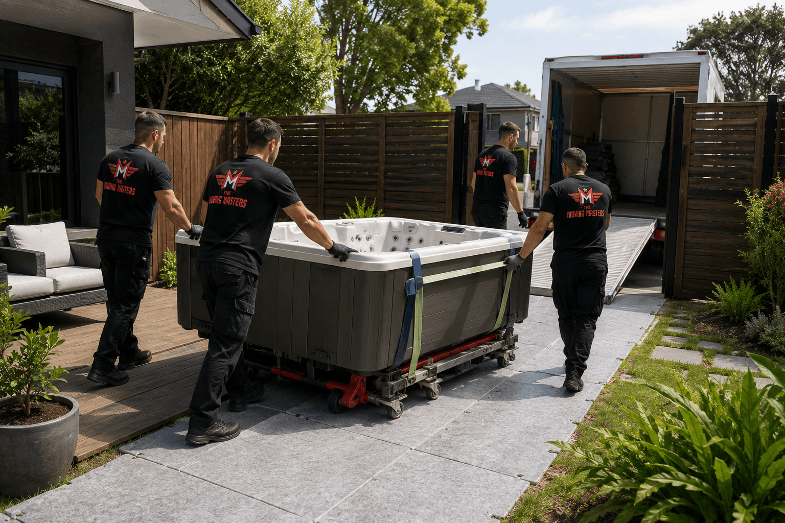 Moving Masters team relocating a spa pool across an Auckland backyard with specialist equipment
