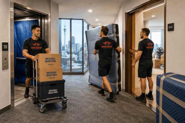 Moving Masters team transporting boxes and furniture through an Auckland apartment building