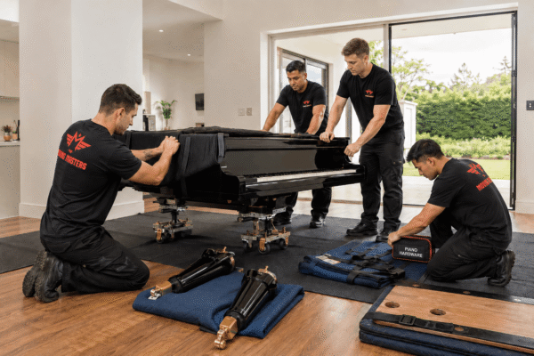 Moving Masters team preparing a baby grand piano for safe transport in Auckland
