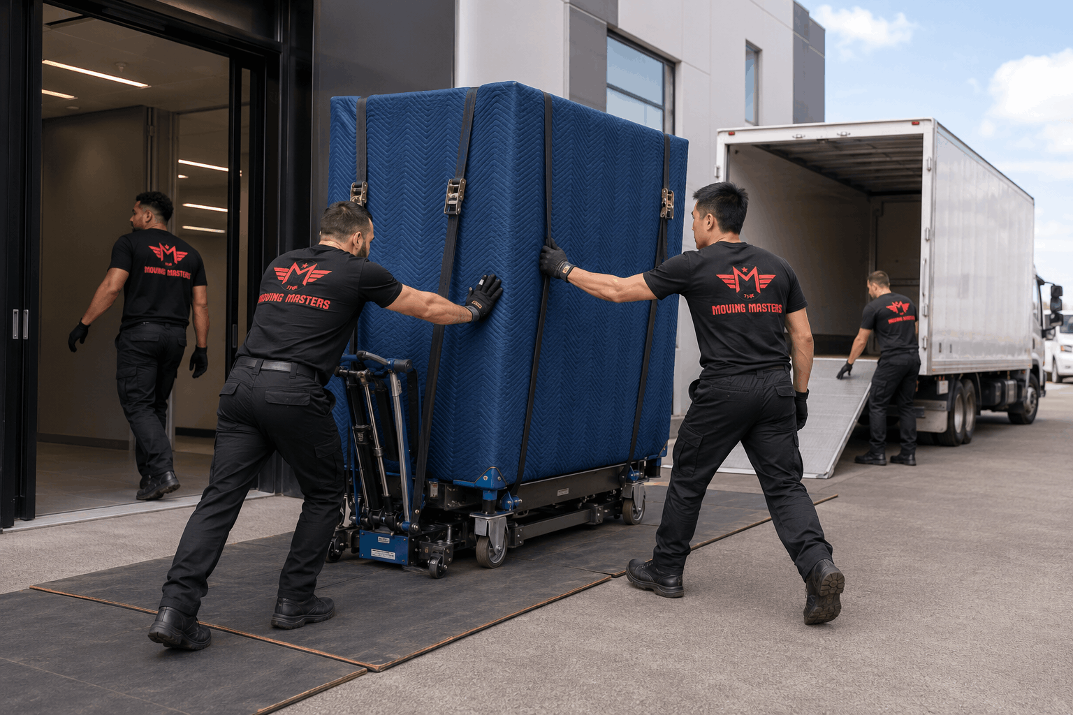 Moving Masters team transporting a padded commercial safe with a hydraulic dolly